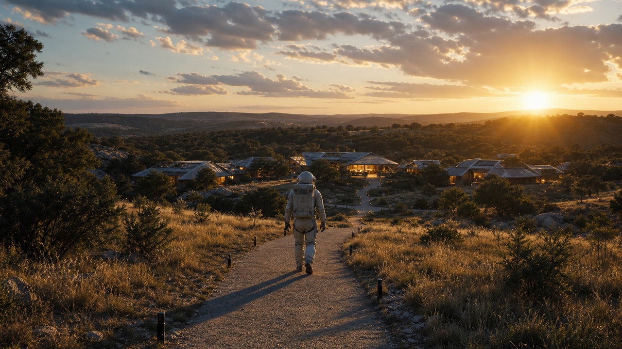 Astronaut walking toward an Earth-based Cyber Village settlement