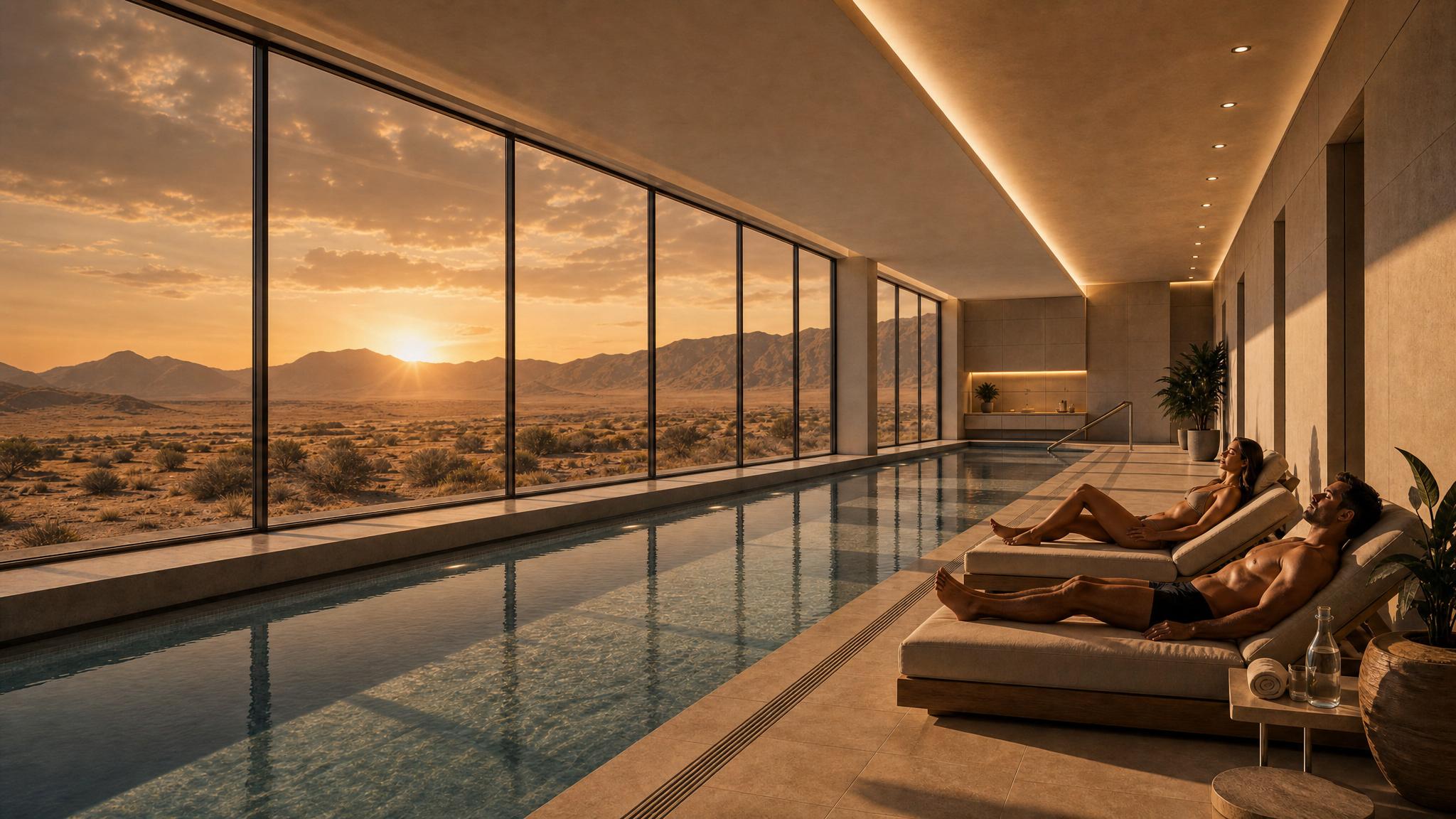 Cyber Village wellness pool overlooking the desert at sunset