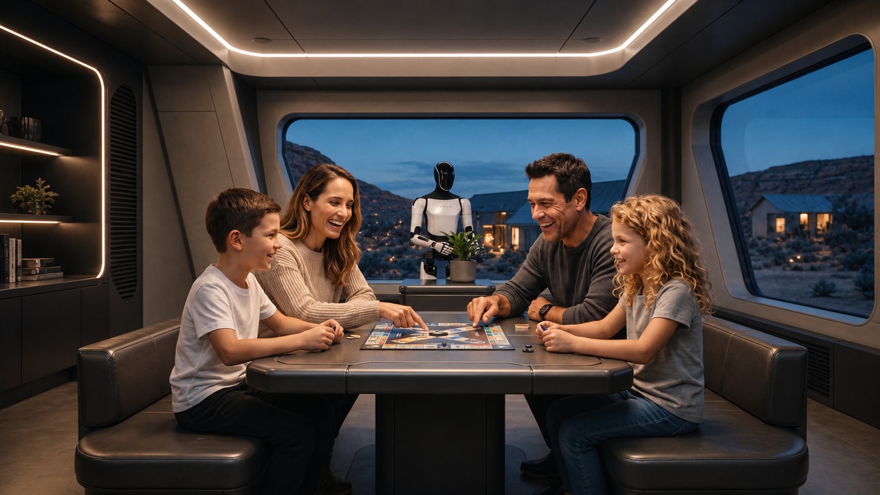 A family playing a board game with a service robot in Cyber Village