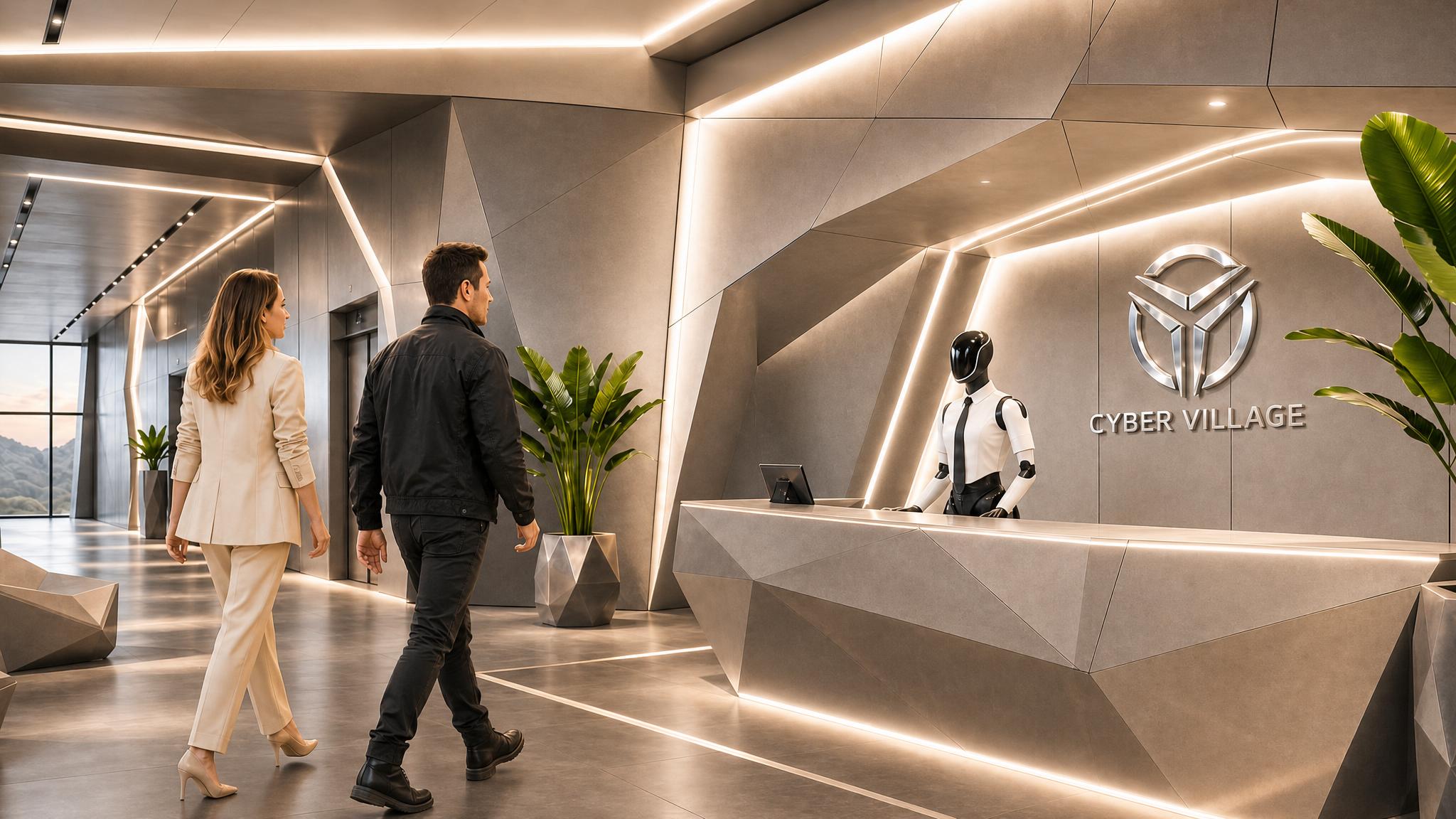 Residents entering the Cyber Village lobby with a service robot