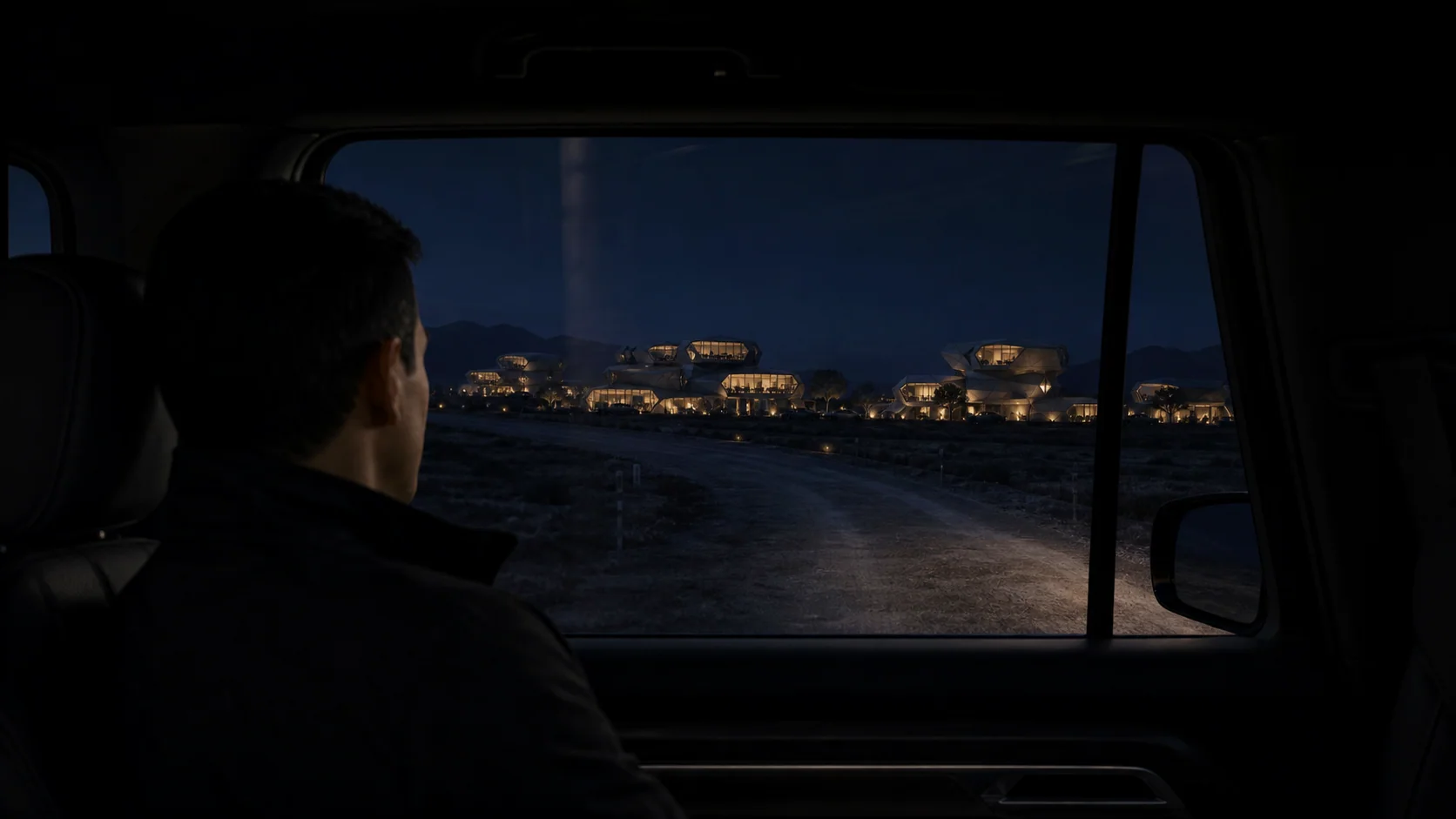 Cyber Village night settlement from a vehicle